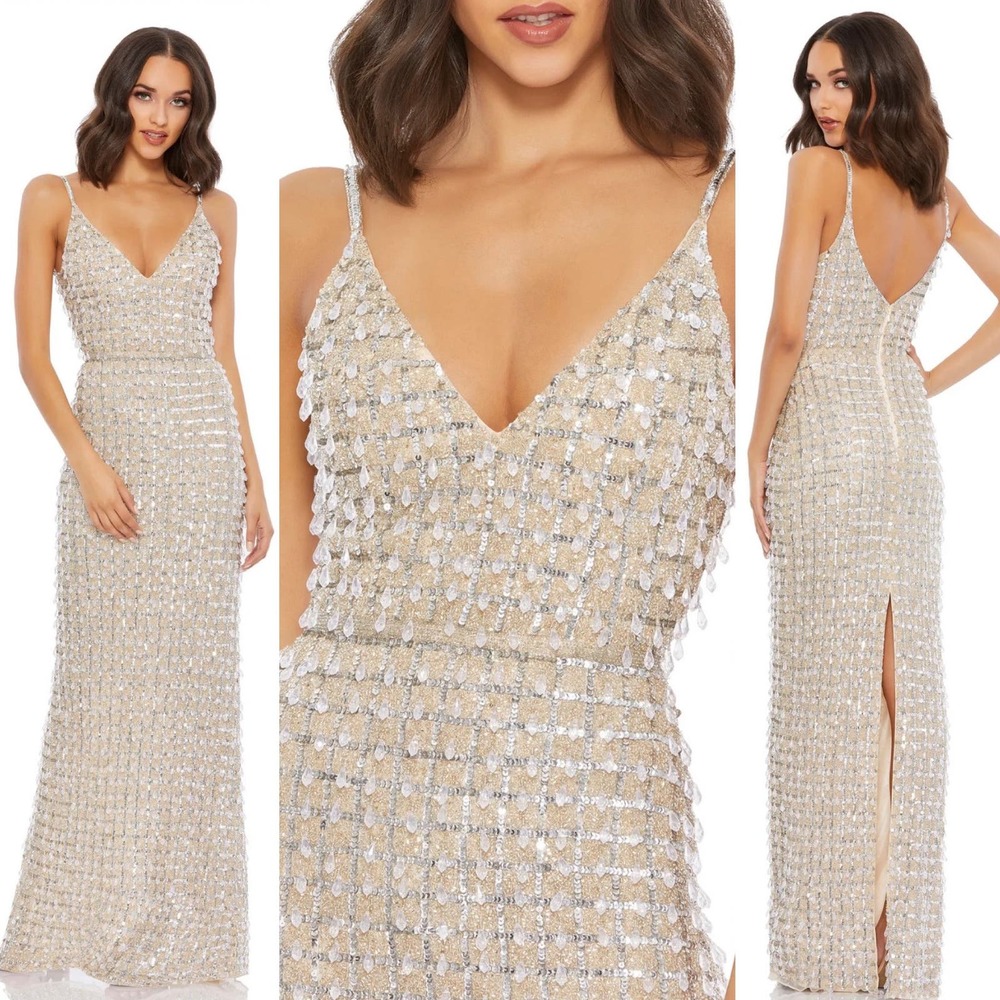 Mac Duggal Geometric Embellished Crystal Drop V Neck Gown 5394 Size 8 New